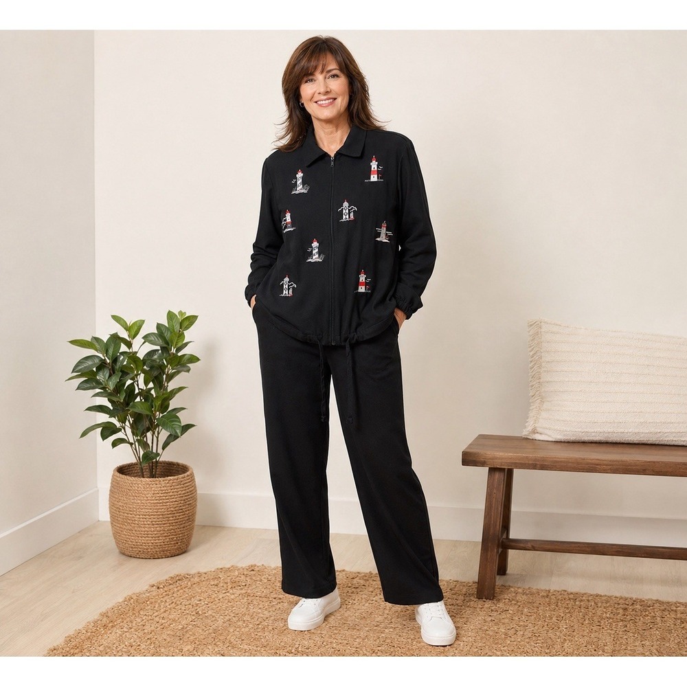BonWorth‎ Women's 2 Piece Pants Set Large Petite Black Lighthouse Embroidered